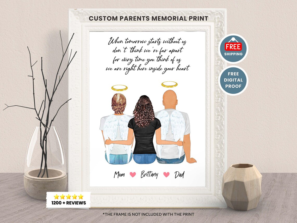 Custom Parents Memorial Angel Wings Portrait Print Gift for Family
