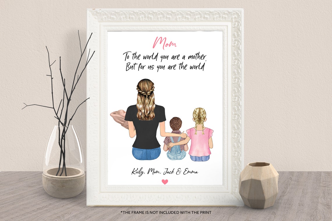 Personalized Mom With Three Kids Portrait Wall Art Gift for Her