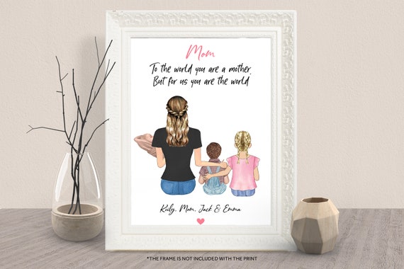 Personalized Mom With Three Kids Portrait Wall Art Gift for Her