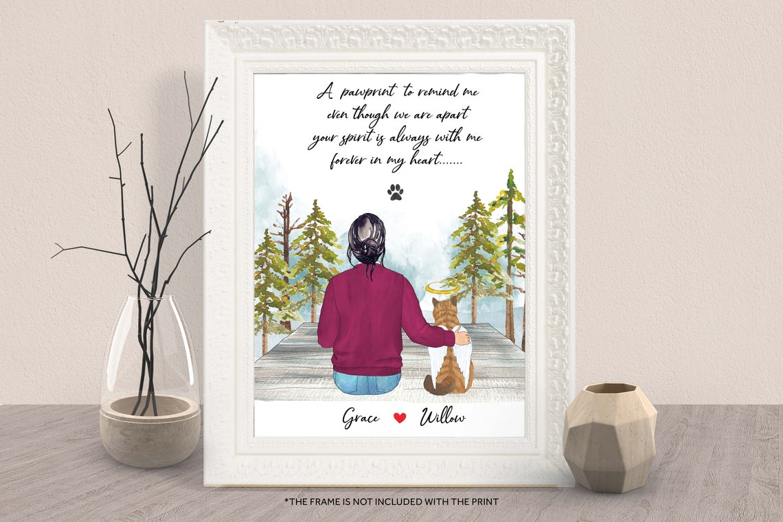Cat Memorial Woman With Angel Cat Personalized Remembrance Poster