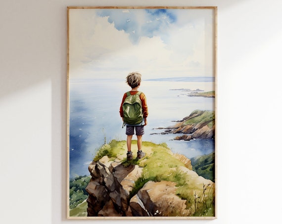 Boys Room Wall Art Nature Watercolor Painting Adventure Kids Nursery Print Wilderness Mountain Landscape Decor Artwork