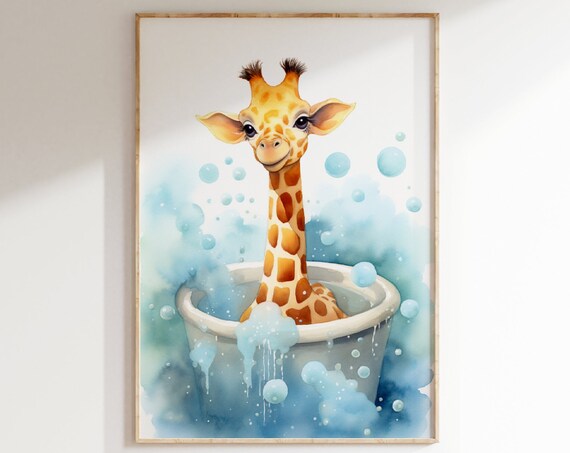 Baby Giraffe Bubble Bath Blue Watercolor Cute Kids Bathroom Nursery Art Poster