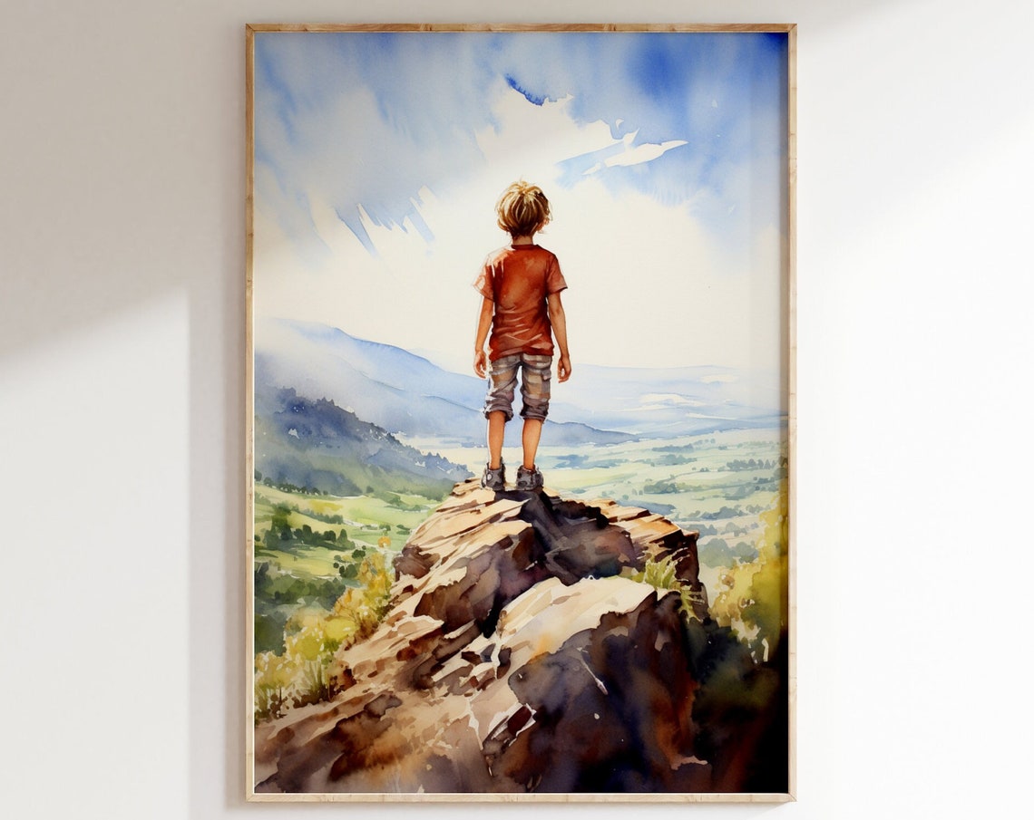 Boys Room Wall Art Nature Watercolor Painting Adventure Kids Nursery Print Wilderness Mountain Landscape Decor Artwork
