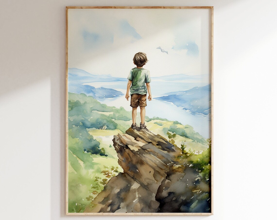 Nature Watercolor Mountain Landscape Art Print, Boys Room