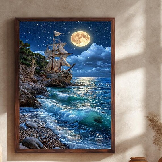 Moonlit Tall Ship Sailing By Rocky Coast Under Full Moon Poster