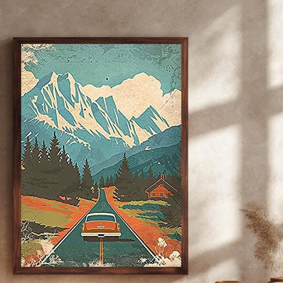 Vintage Mountain Road Trip Wall Art Canvas Print Retro Car Travel Illustration Cabin And Forest Landscape Artwork For Adventure Lovers