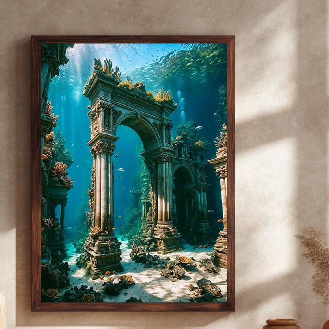 Sunlit Underwater Ancient Ruins With Coral Arches Fantasy Wall Art