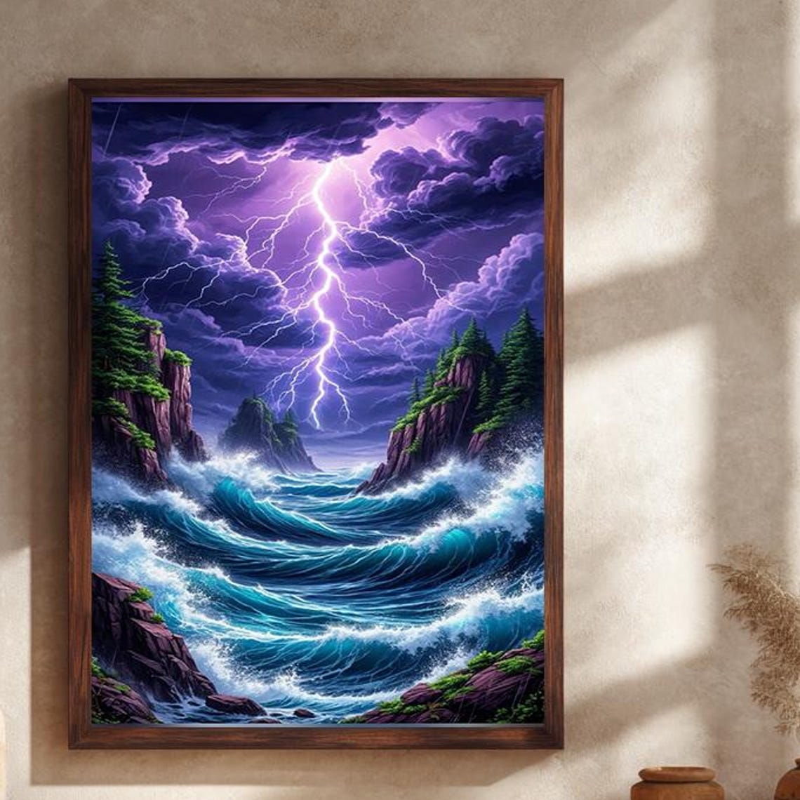 Purple Lightning Storm Over Rocky Ocean Cliffs Dramatic Canvas Poster