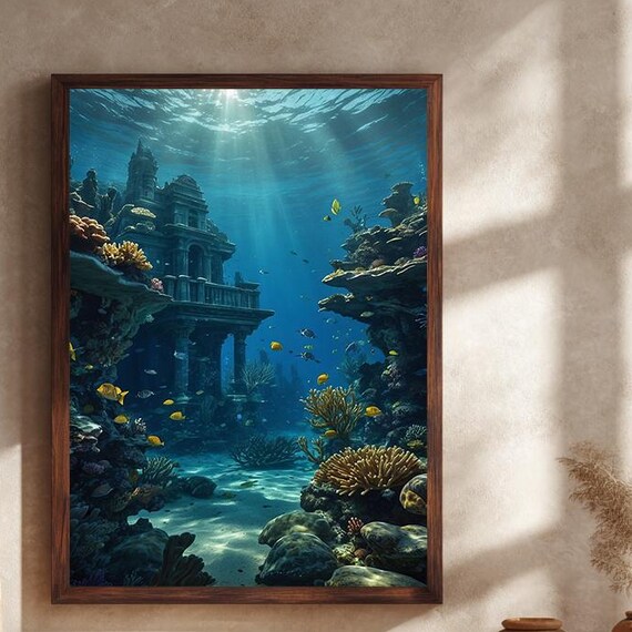 Underwater Ancient Temple Canvas Wall Art With Coral Reef Colorful Tropical Fish And Sunlight Beams In Ocean Fantasy Scene