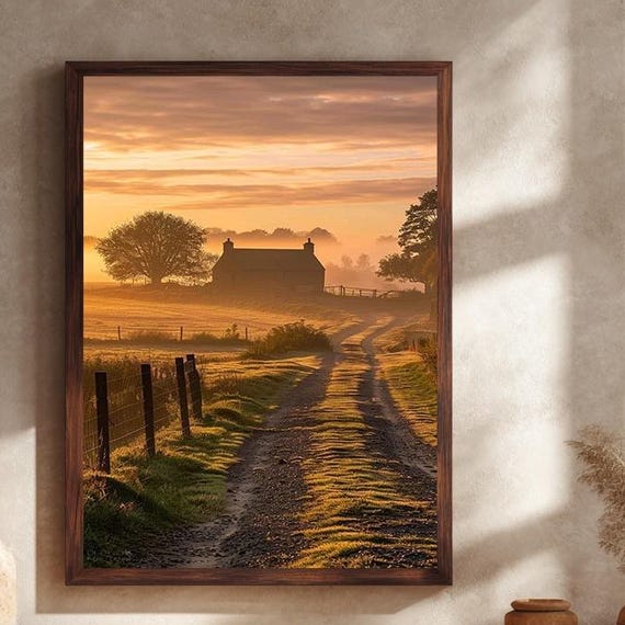 Golden Sunrise Countryside Canvas Wall Art With Rustic Farmhouse Misty Fields And Winding Dirt Road In Peaceful Rural Scene
