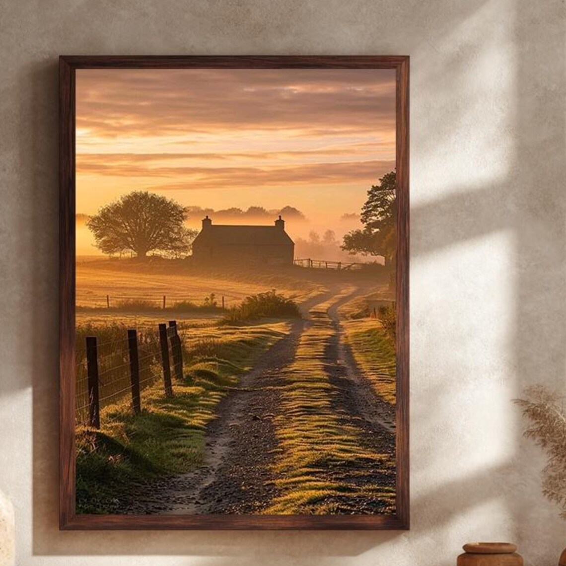Golden Sunrise Rustic Farmhouse Misty Countryside Road Poster