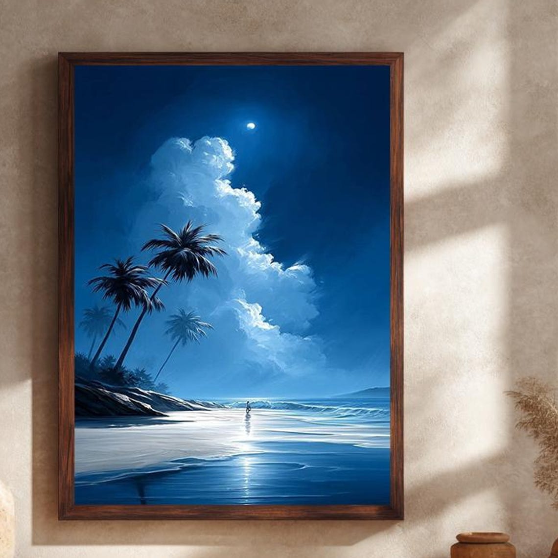 Moonlit Tropical Beach Palms Night Ocean Serene Coastal Poster