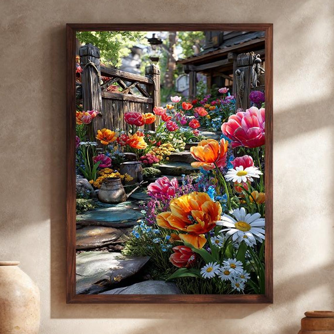 Blooming Tulip And Daisy Garden Path Rustic Gate Floral Poster