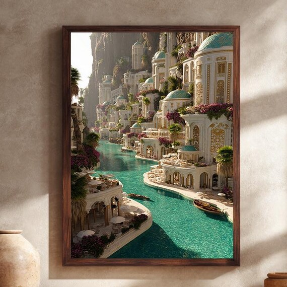 Fantasy Palace Cityscape Canvas Wall Art with Turquoise Canal Dream