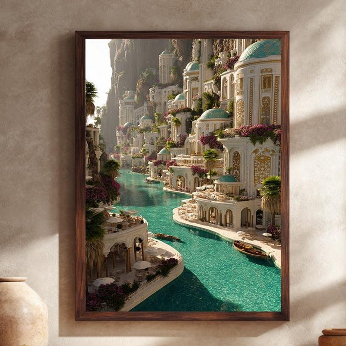 Fantasy Palace Cityscape Canvas Wall Art with Turquoise Canal Dream