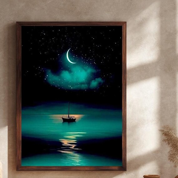 Moonlit Sailboat Canvas Wall Art With Crescent Moon Starry Night Sky And Tranquil Ocean Reflection In Dreamy Nautical Scene