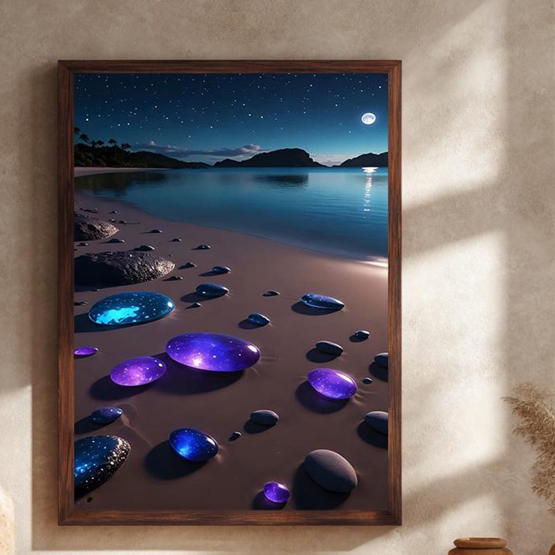 Magical Moonlit Beach With Glowing Purple Stones Night Sky Poster