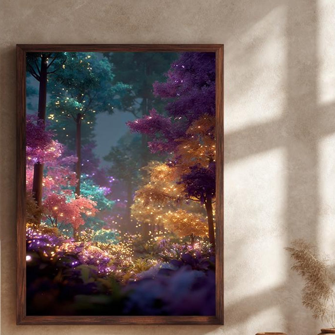 Glowing Pastel Fantasy Forest With Fireflies Whimsical Wall Art