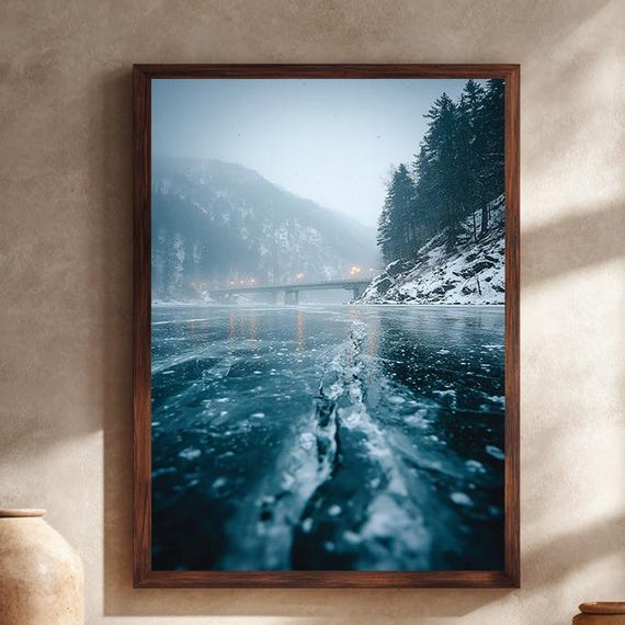 Frozen Lake Canvas Wall Art With Snowy Mountain Bridge Winter Landscape Photography Print Scandinavian Nature Home Decor