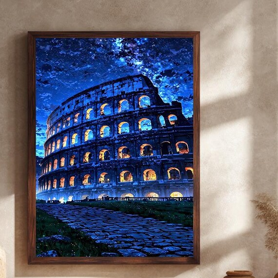Colosseum Of Rome Glowing At Night Under Starry Sky Canvas Poster