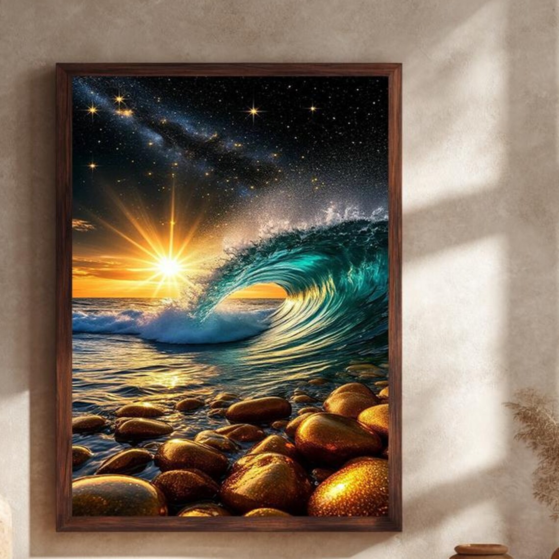 Golden Ocean Wave Starry Night Sky Fantasy Seascape Painting Wall Art