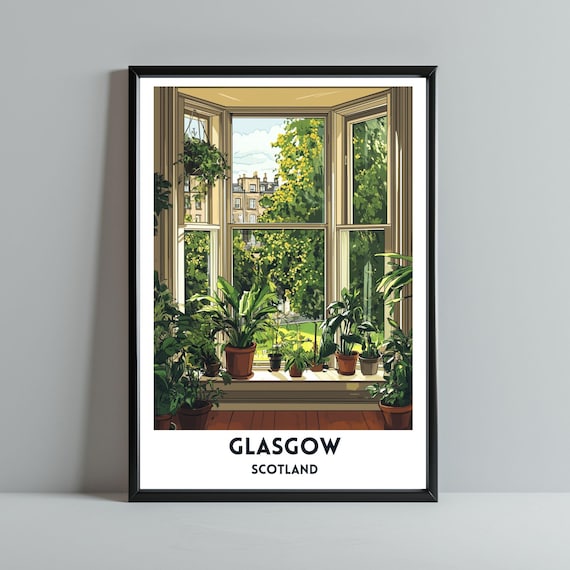Glasgow Tenement Bay Window Greenery Art Print Scottish City Travel Poster Cityscape Unframed Wall Home Decor Gift