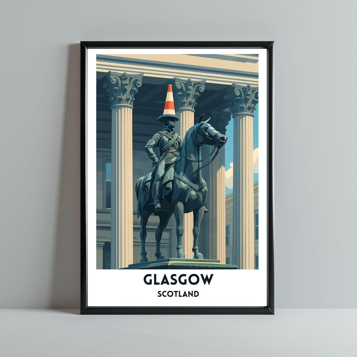 Glasgow Scotland Duke Statue Cone Humorous Landmark Travel Poster