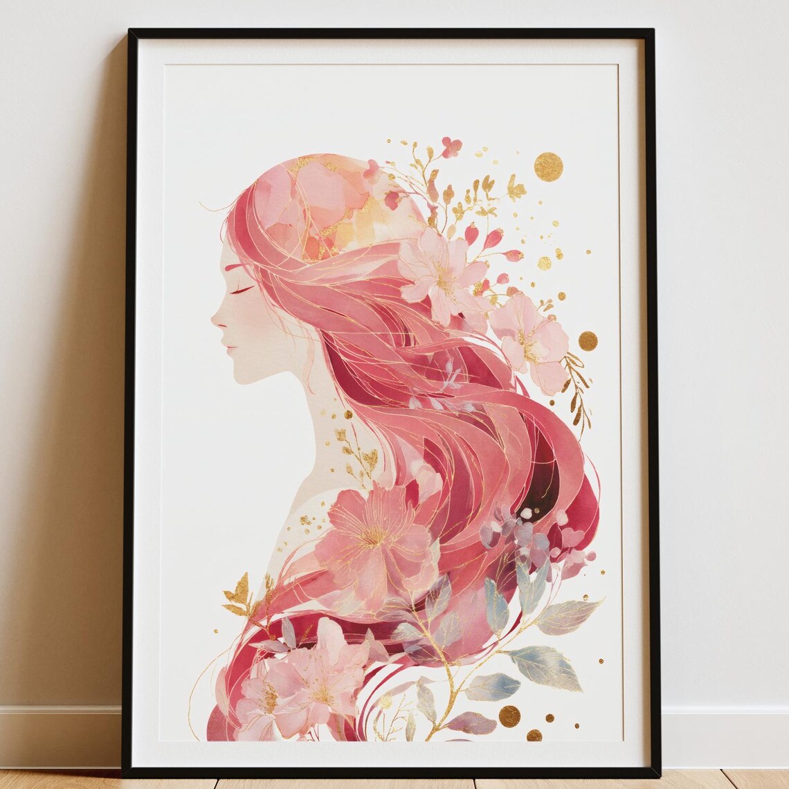 Blush Rose Gold Floral Woman Profile Watercolor Portrait Poster