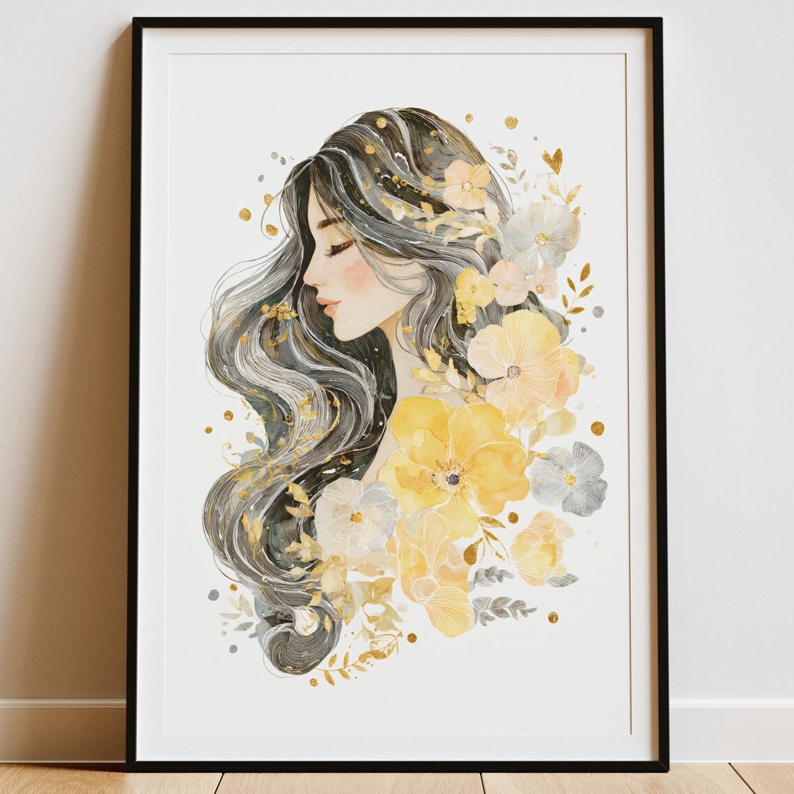 Elegant Dark Haired Woman Golden Floral Watercolor Portrait Poster