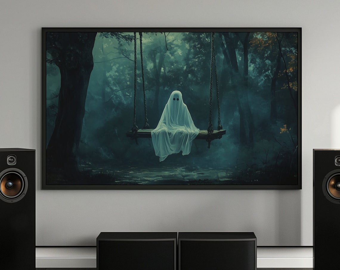 Cute Sheet Ghost on Swing in Misty Forest Spooky Halloween Poster - Image 8
