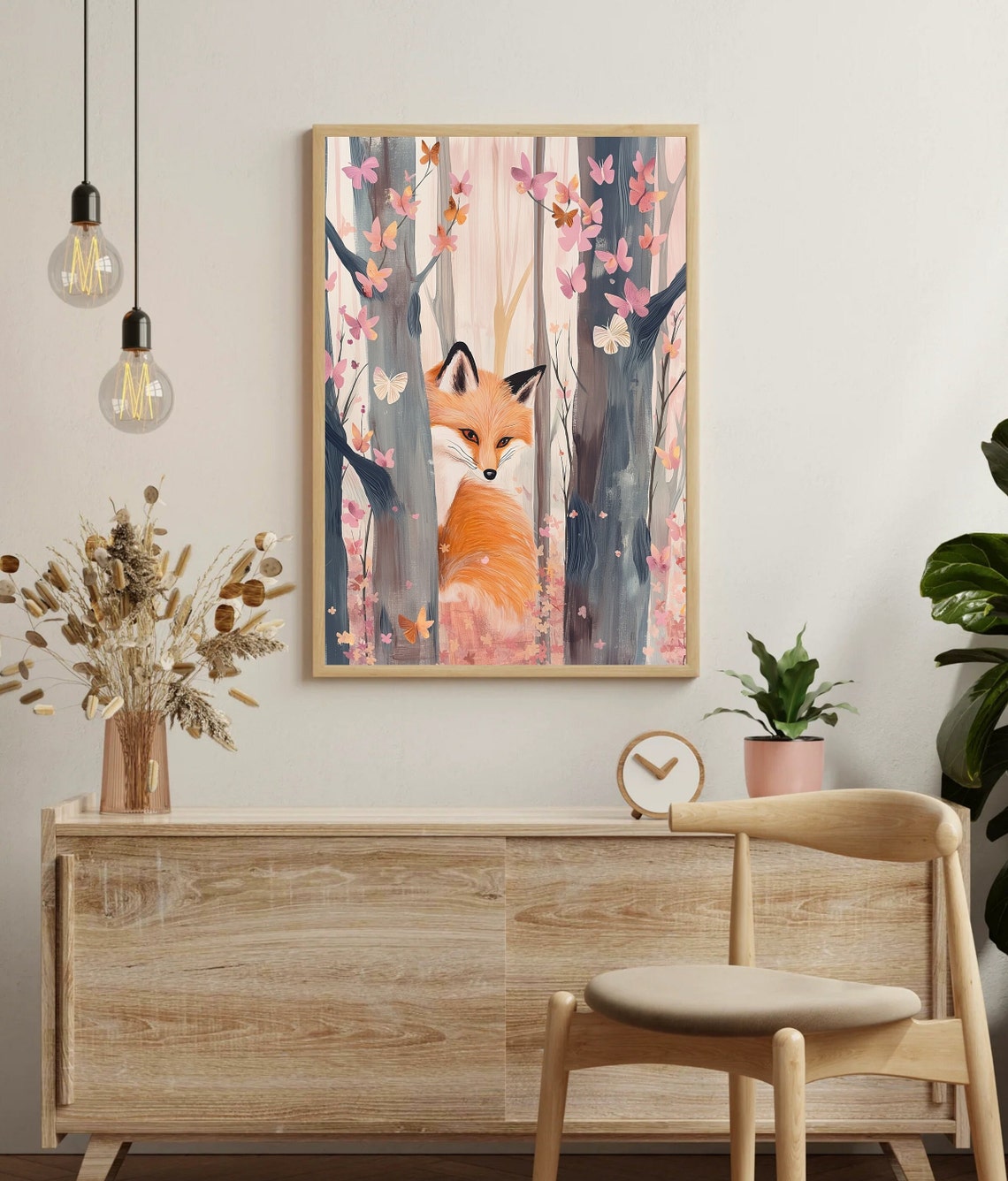Whimsical Fox Butterfly Forest Poster Pink Orange Woodland Scene Art - Image 2