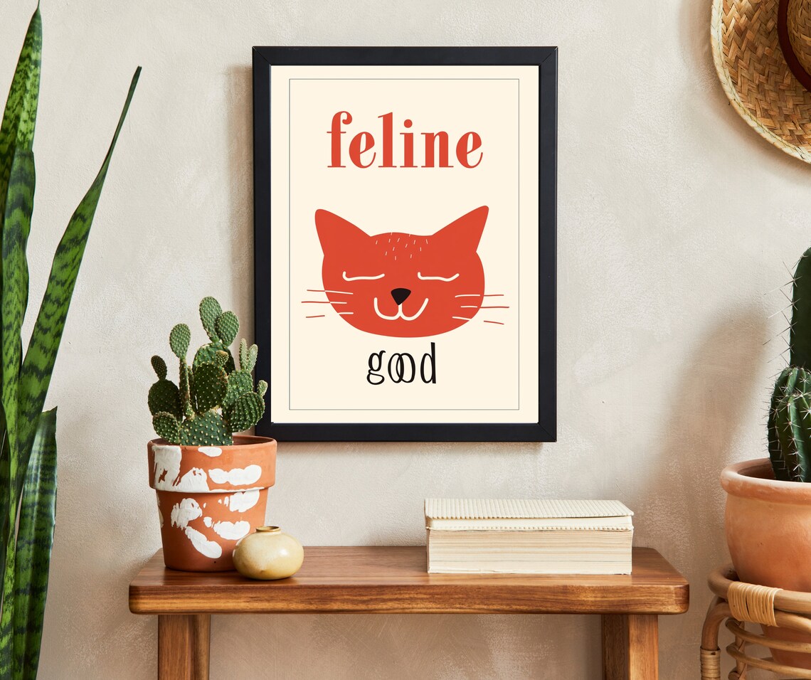 Feline Good Minimalist Orange Cat Face Cream Typographic Poster - Image 2