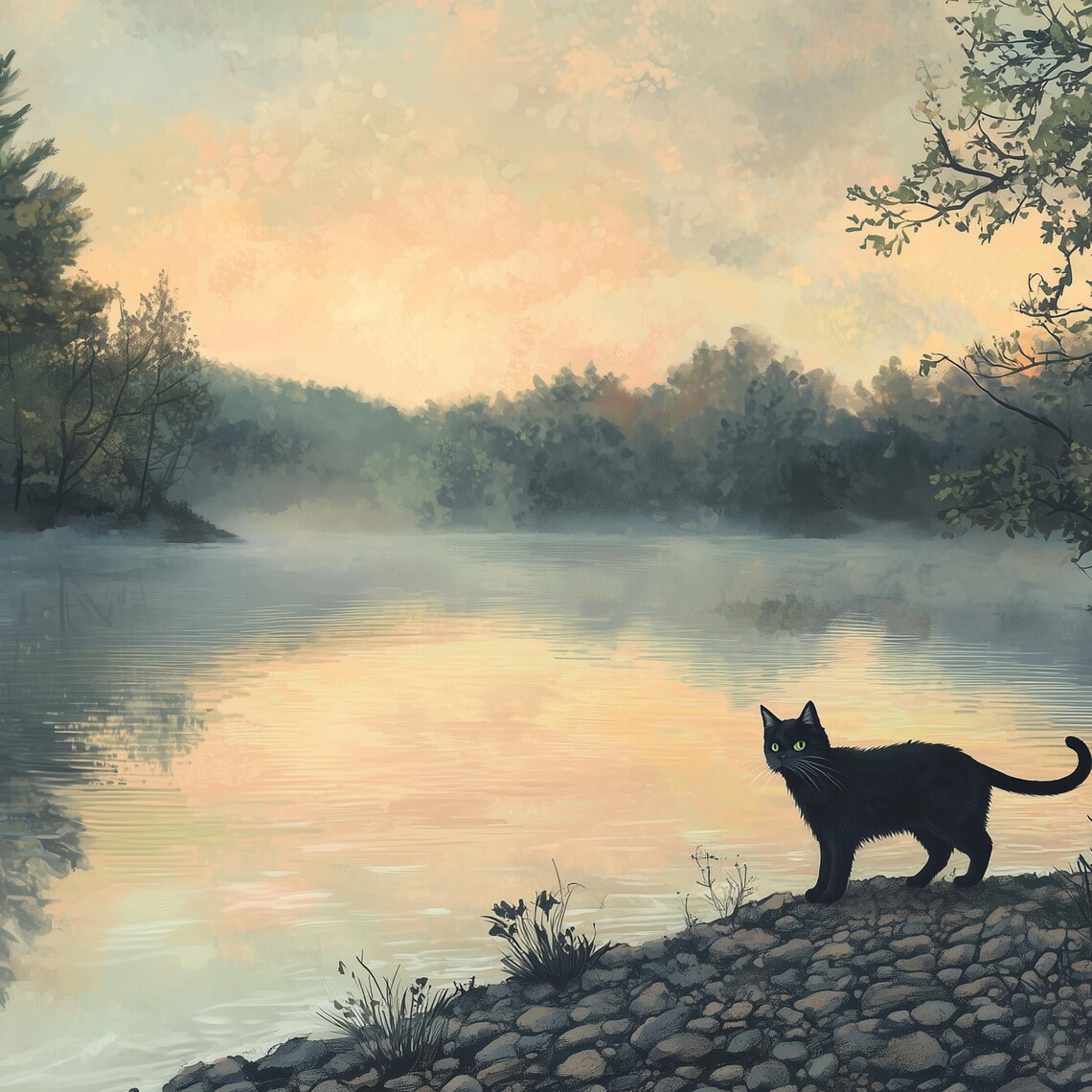 Whimsical Black Cat Art Print, Calming Landscape - Image 2