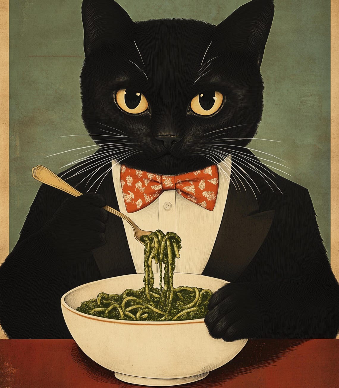 Dapper Black Cat in Tuxedo Eating Spaghetti Quirky Vintage Poster - Image 3