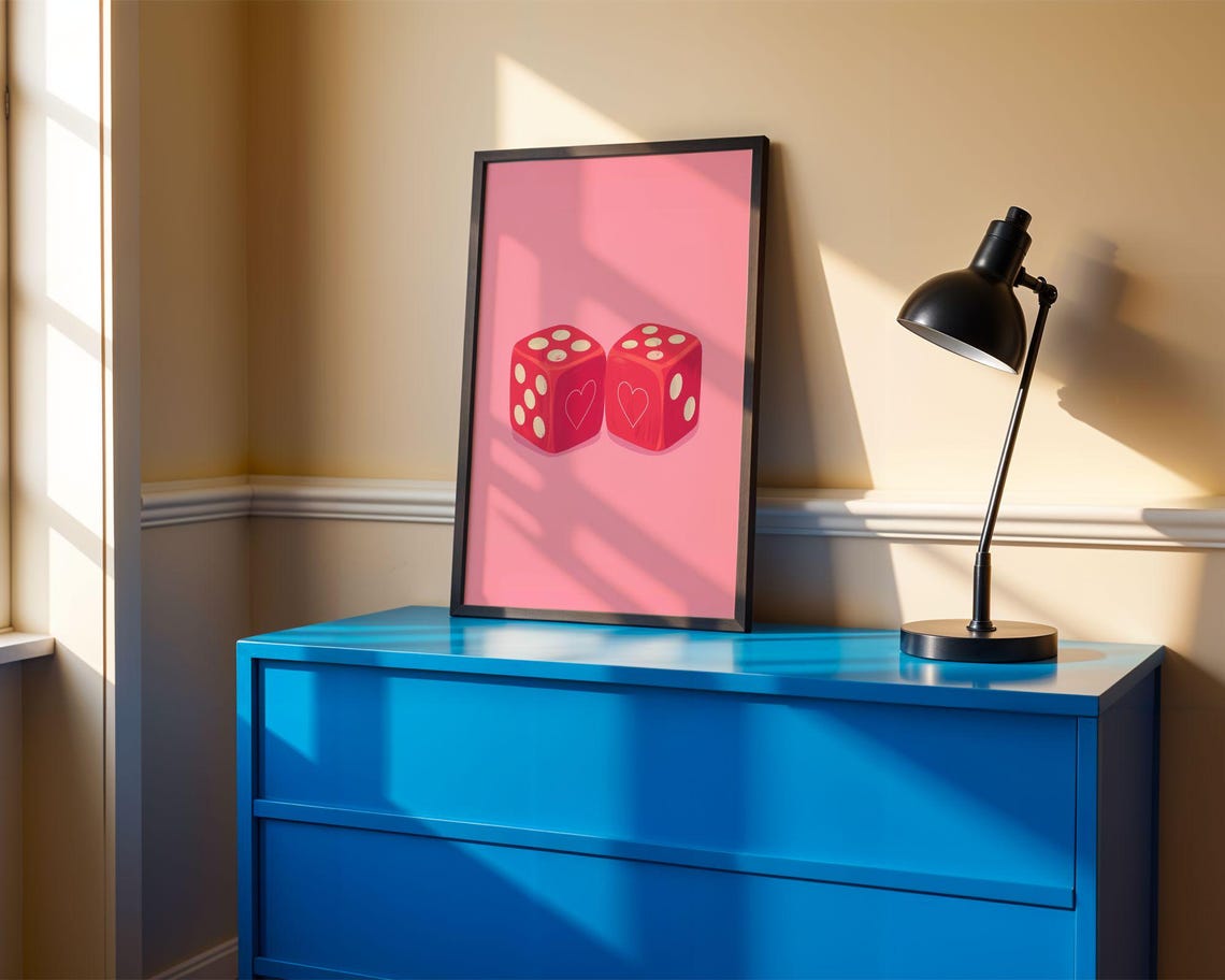 Pair of Red Dice with Hearts on Pink Minimal Love Luck Art Poster - Image 2