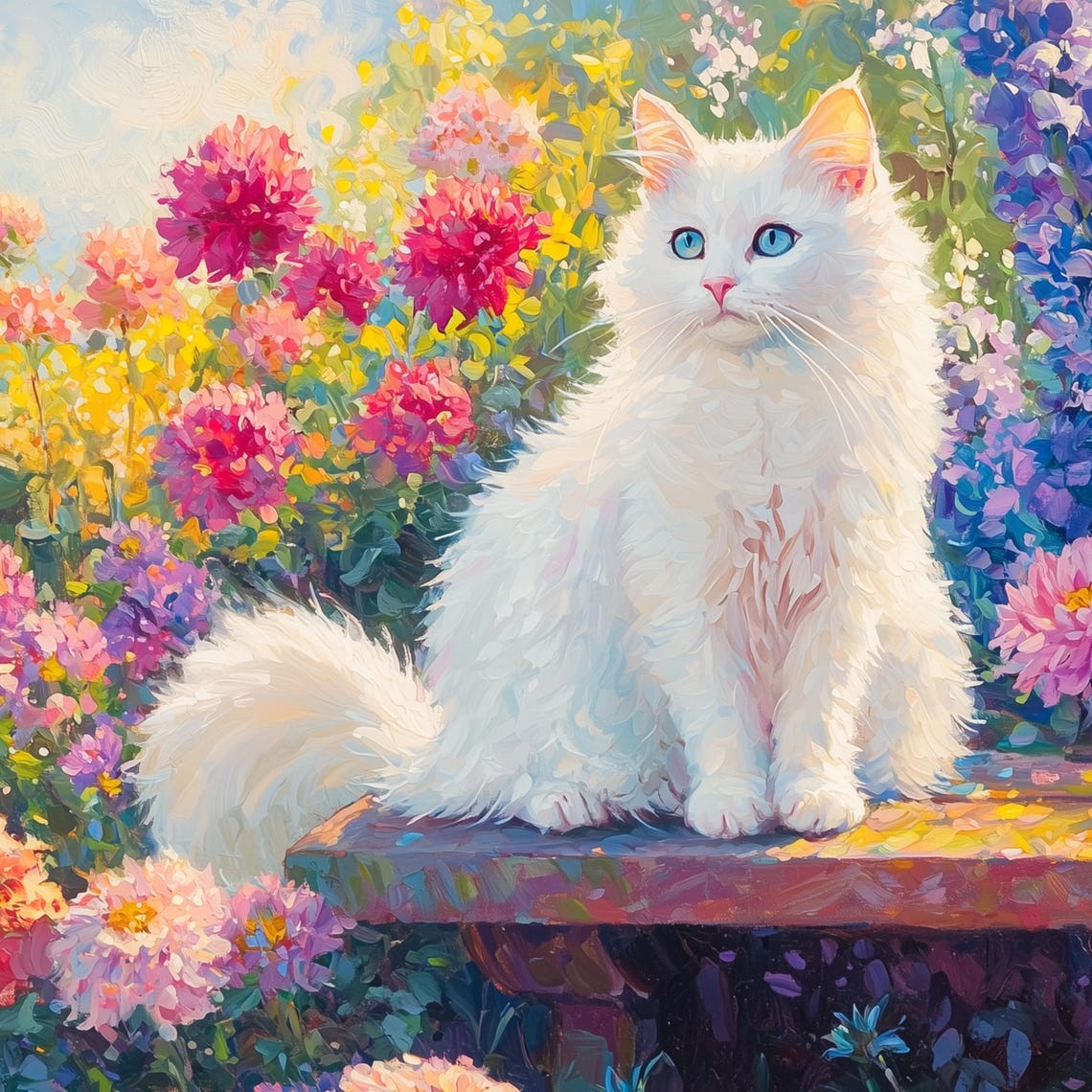 Fluffy White Cat In A Flower Garden Oil Painting Of Cat And Flowers Garden Oil Painting Print Colorful Floral Art Print White Cat Artwork - Image 2