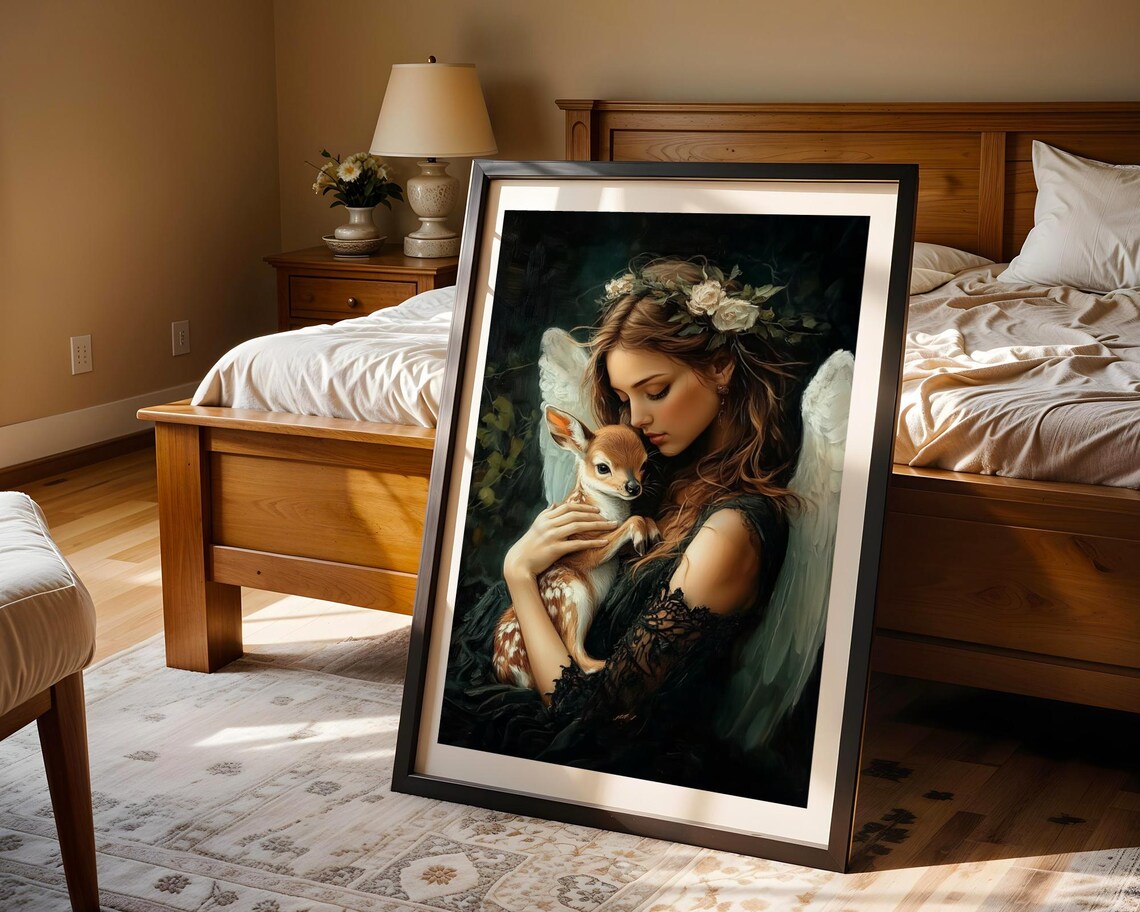 Ethereal Angel Woman Tenderly Embracing A Sweet Baby Fawn Poster - Image 2