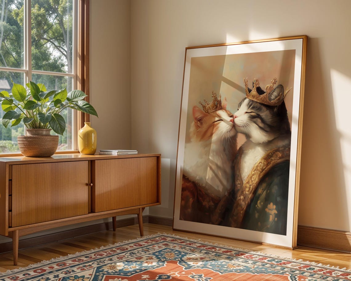 Royal Cat Couple Wall Art Cat Couple Painting Quirky Cat Poster Regal Cats Painting Whimsical Couple Decor Fantasy Art Cat Print - Image 3