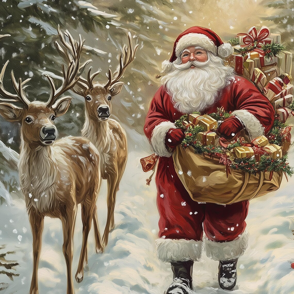 Santa Claus and Deer Rustic Christmas Art Print - Image 3