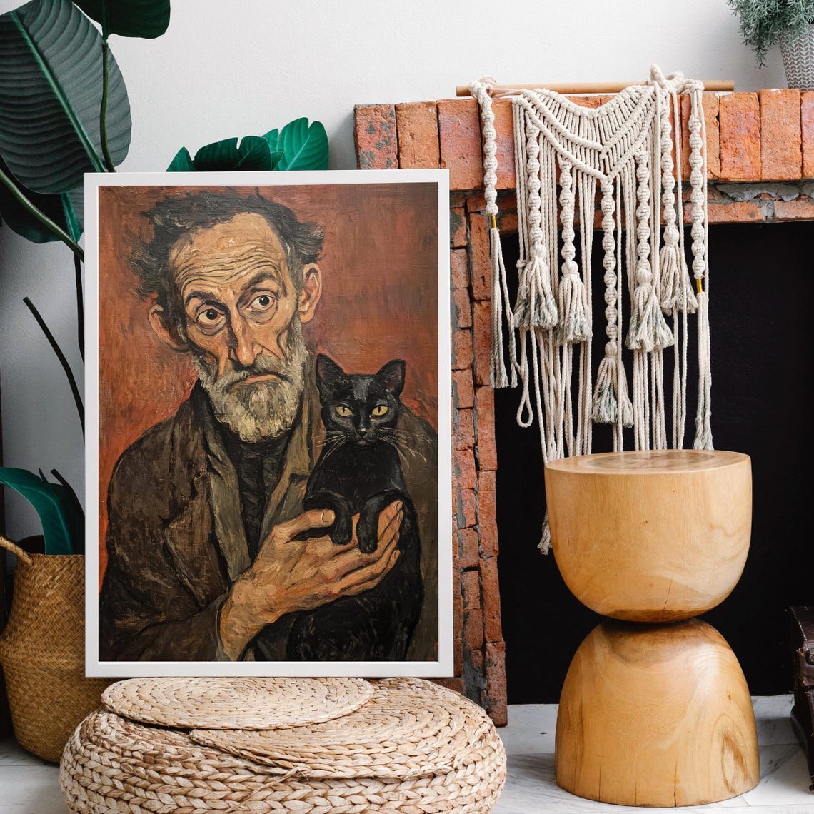 Vintage Oil Painting Old Man And Black Cat Portrait Rustic Oil Art Poster Oil Painting Print Antique Oil Art Print Vintage Style Art - Image 2