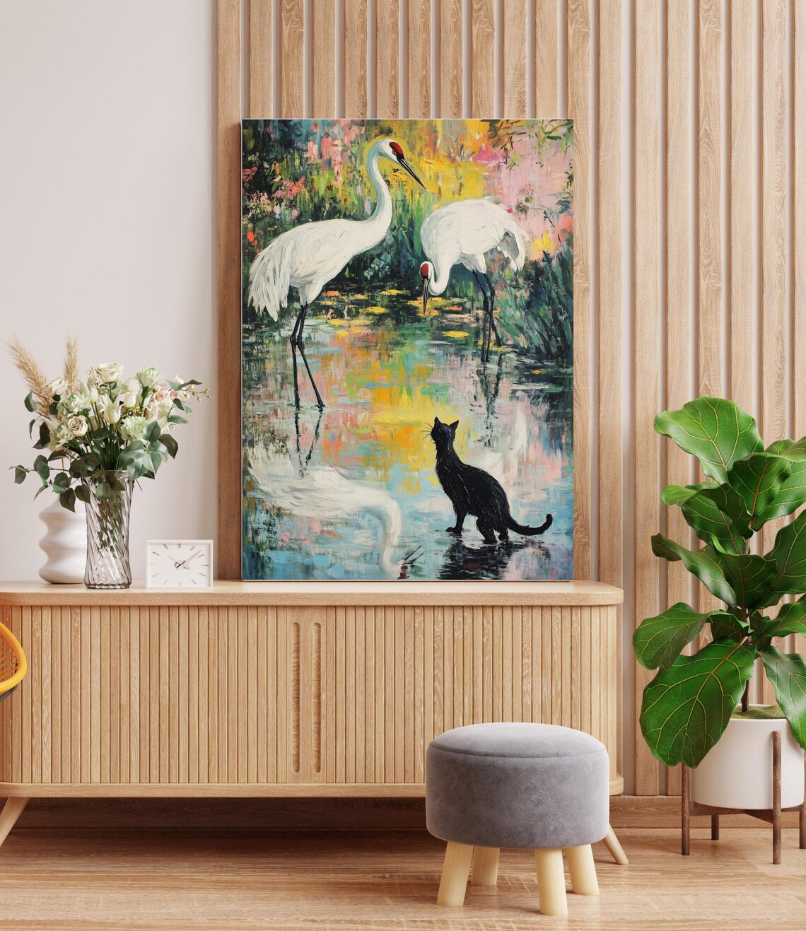 Black Cat White Cranes Poster Colorful Pond Wildlife Painting Nature - Image 2