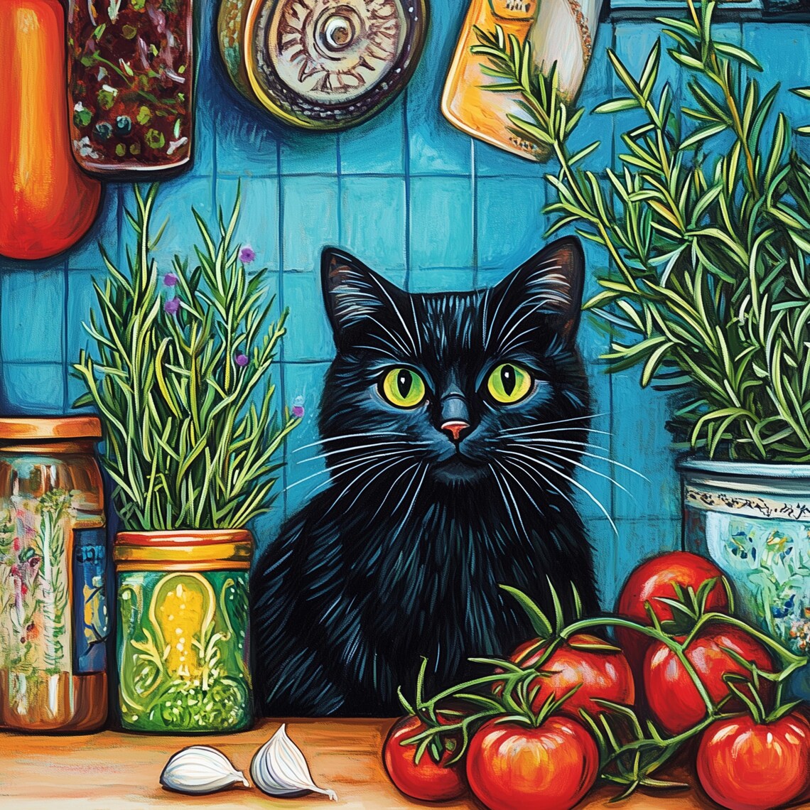 Black Cat Kitchen Scene Poster Colorful Still Life Tomatoes And Herbs - Image 3