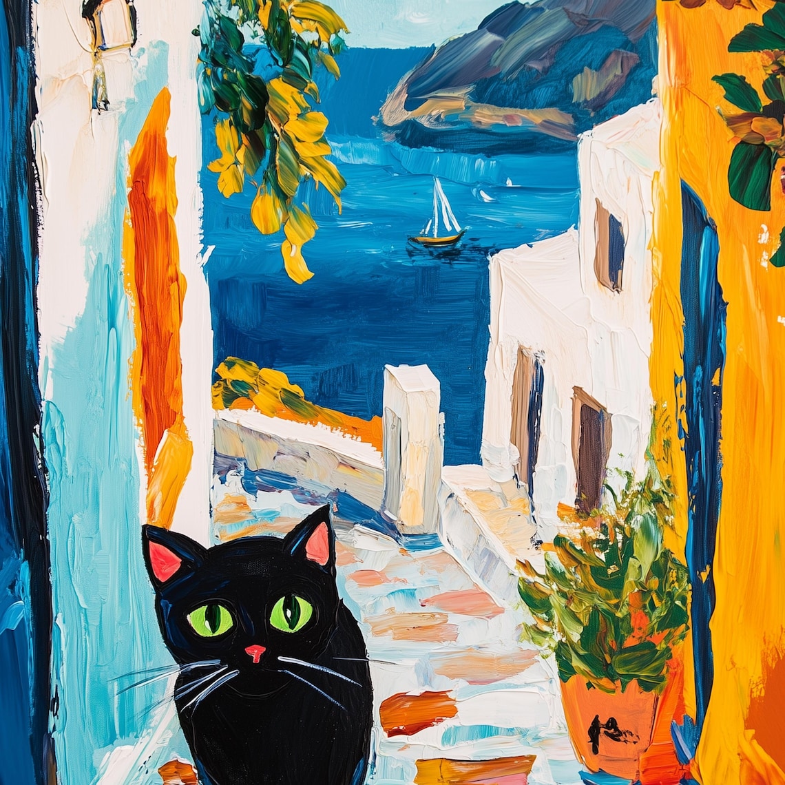 Santorini Cat Art Print, Greek Island Illustration - Image 3