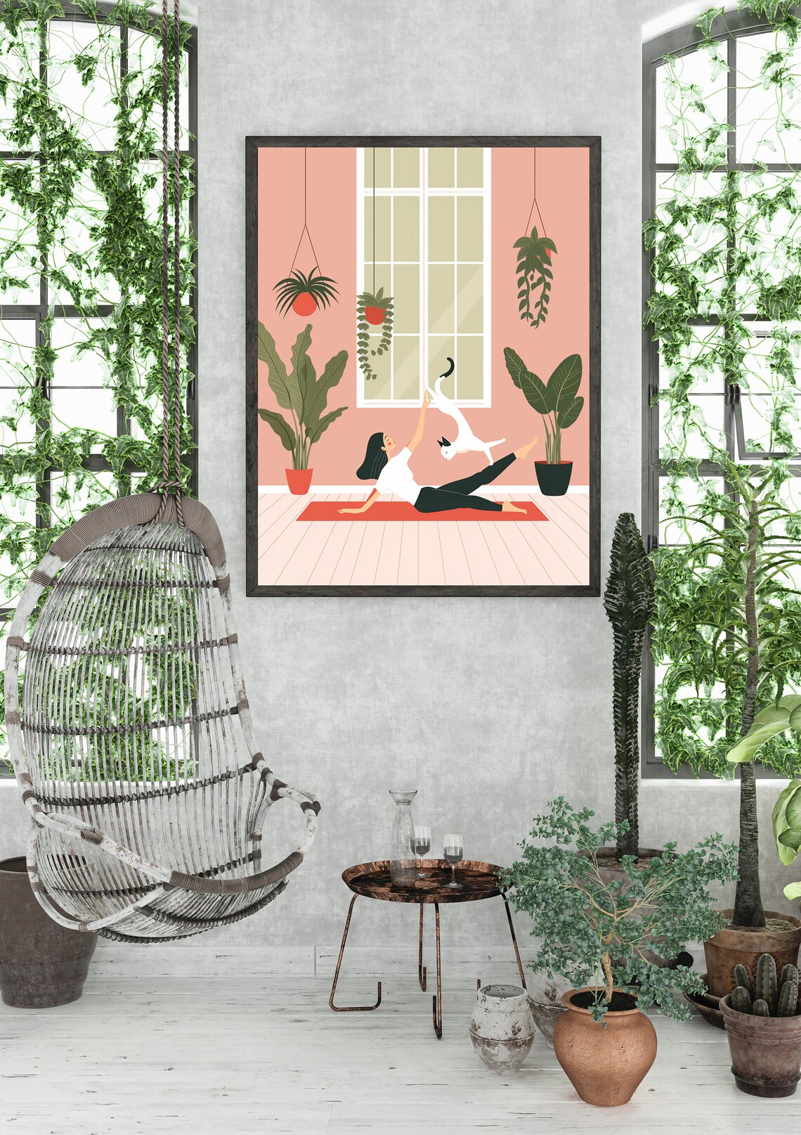 Woman Doing Yoga With White Cat Playful Modern Yoga Room Decor Poster - Image 2