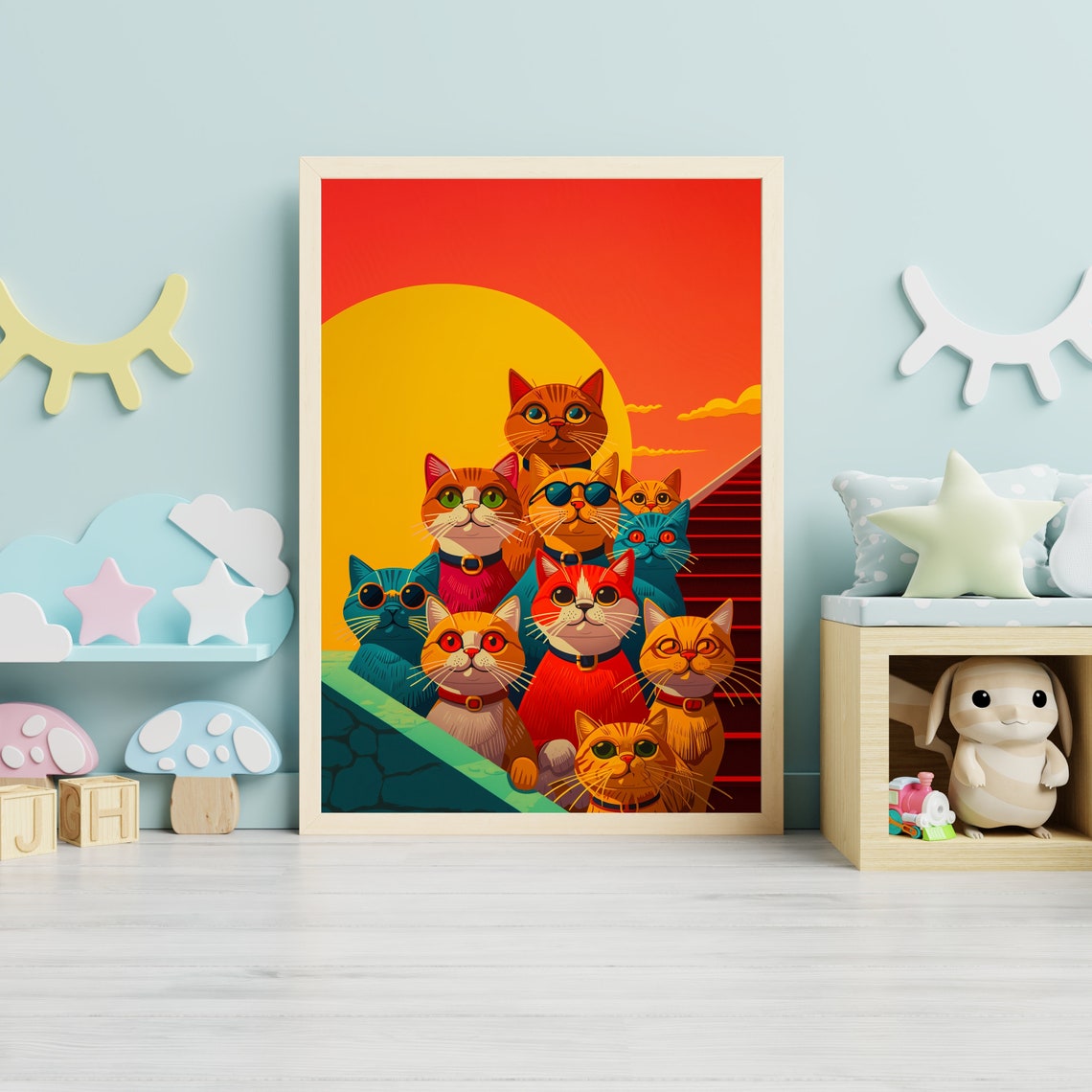 Fun Group of Colorful Cats on Stairs Before a Giant Sunset Poster - Image 2