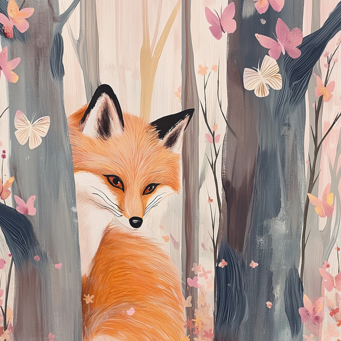 Whimsical Fox Butterfly Forest Poster Pink Orange Woodland Scene Art - Image 3