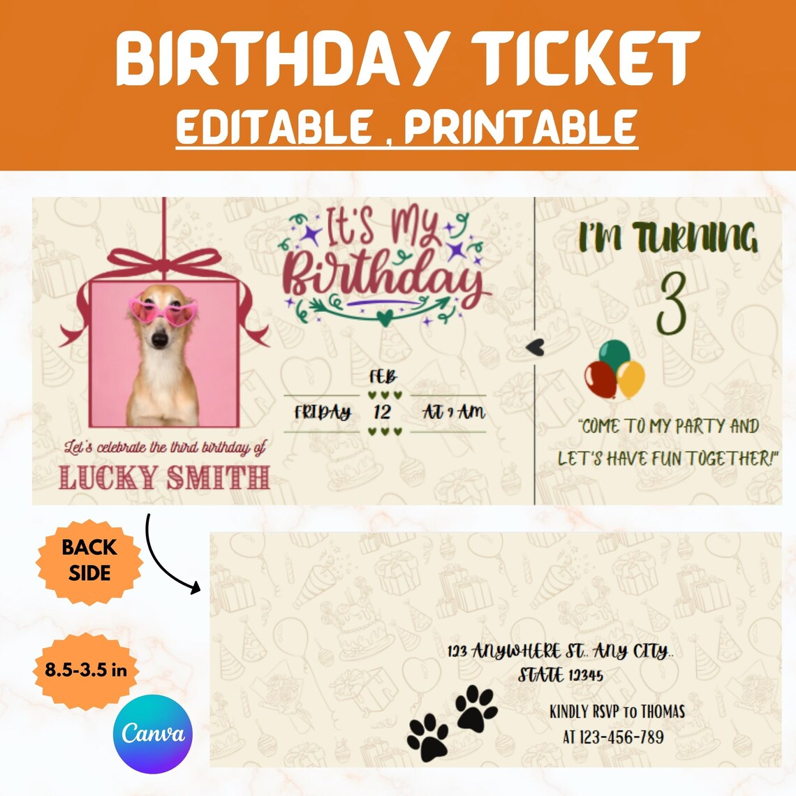 Pet Birthday Ticket Invitation Editable Digital Dog Party Poster