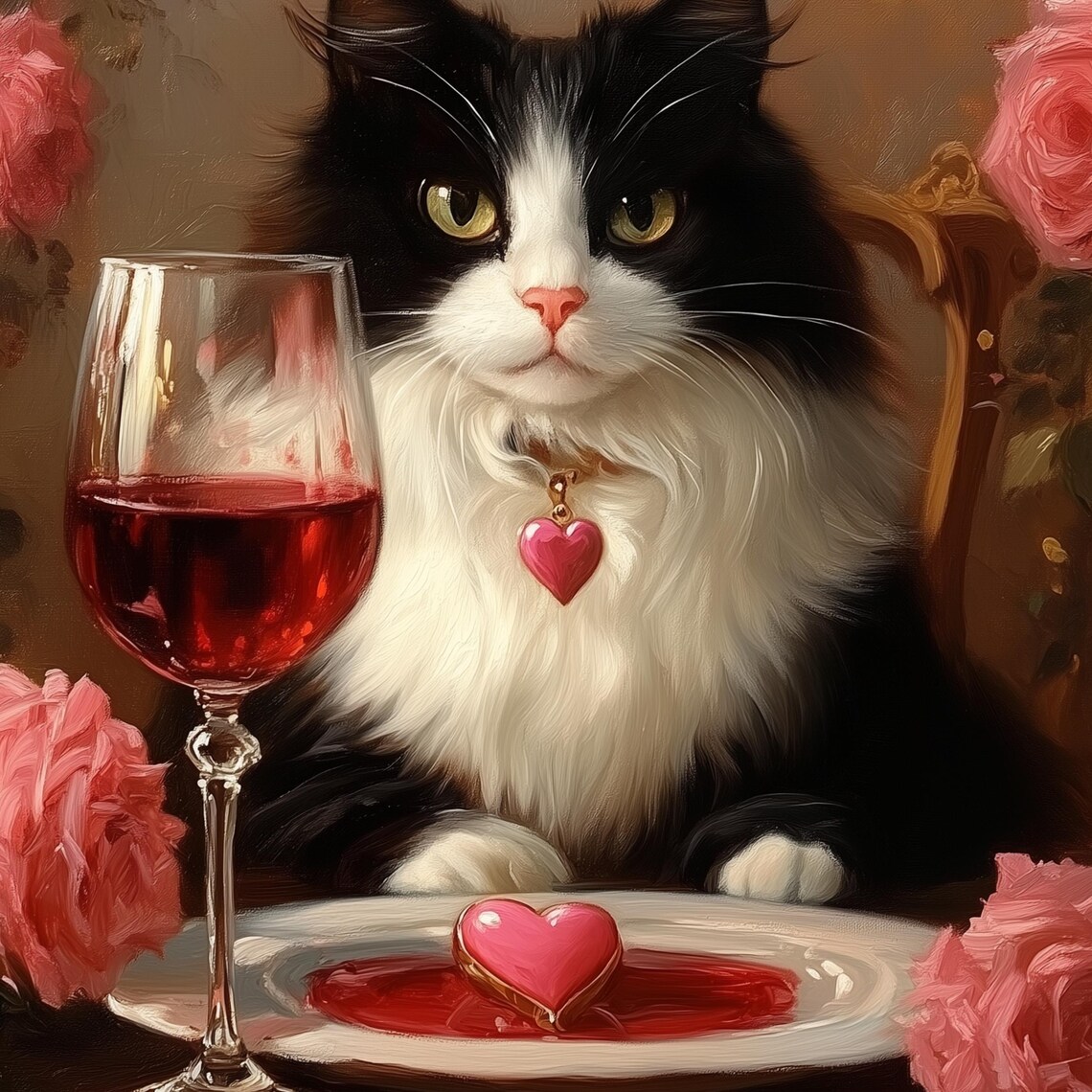 Tuxedo Cat Romantic Wine Dinner Roses Valentine Oil Painting Poster - Image 3