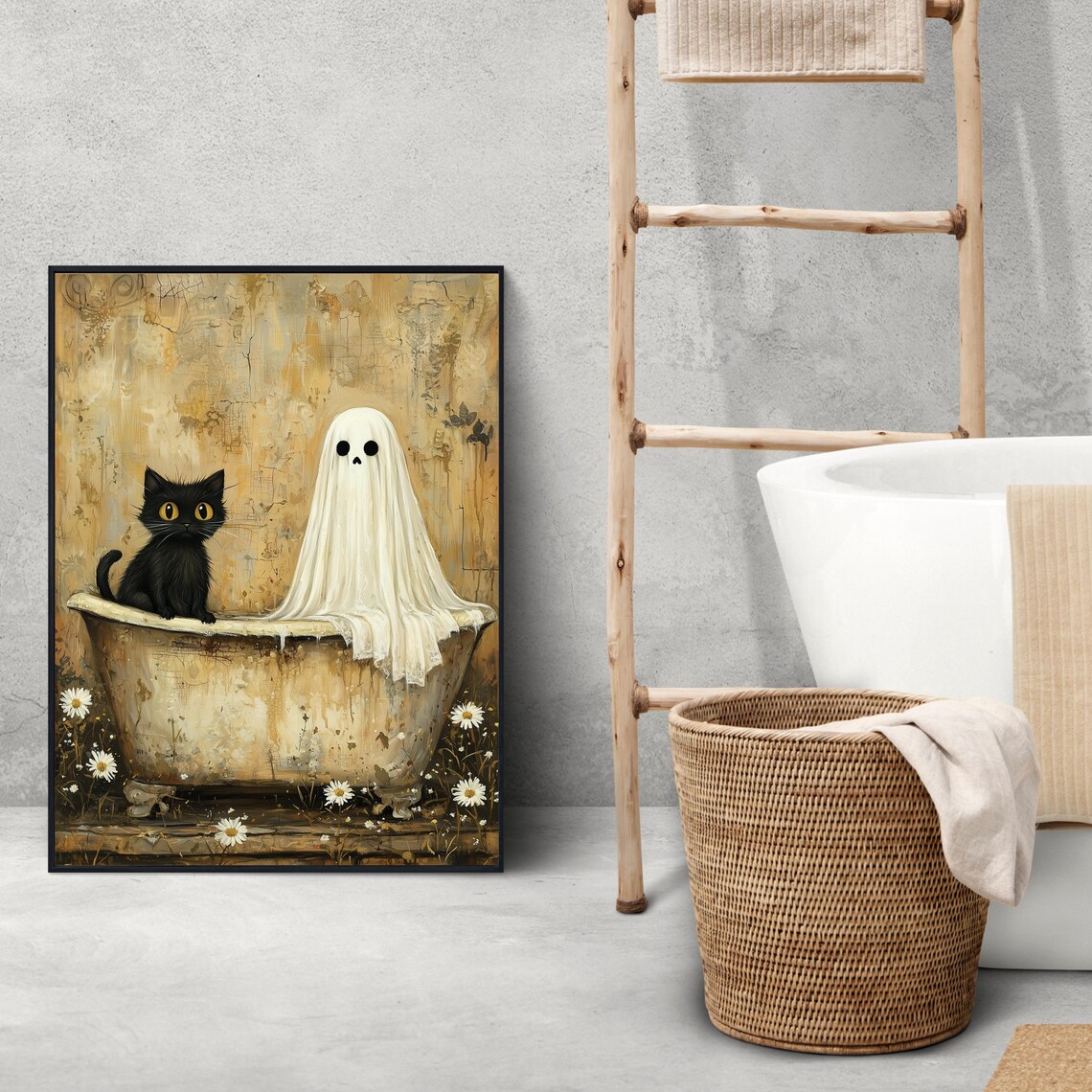 Cute Ghost and Black Cat Sharing a Vintage Clawfoot Tub Poster - Image 2