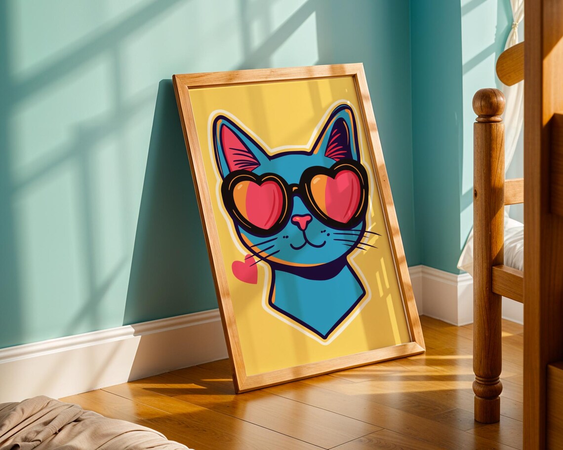Blue Cat Pop Art Heart Sunglasses Retro Yellow Quirky Poster - Image 3